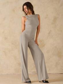 SHEIN BAE 纯黑色优雅性感露背吊带蝴蝶结无袖阔腿连体裤，适合日常约会、郊游、聚会、派对、外出装，不对称阔腿连体裤，情人节连体裤，日常连体裤，优雅连体裤 - 灰色 - 查看 6