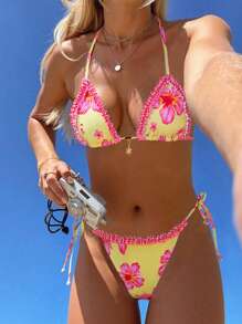 Swim Mod Damen Neuheit Sommer Gingham Volant V-Ausschnitt Neckholder Rückenfrei Wickelcord Dreieck Unterteil 2 Stücke Bikini Badeanzug