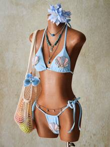 SHEIN ICON Ensemble de maillot de bain bikini deux pièces sexy avec décoration de coquillage et lien licou pour femmes, tenue pour le 4 juillet - Bleu azur - Voir 5