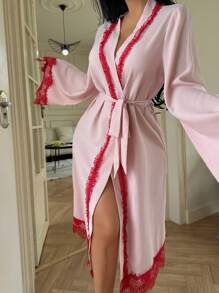 Dream Adore Women's Casual Contrast Color Lace Splice Tie-Up Robe Women Robe Lace Robe Robe With Lace Trim, Fall - Pink - View 4