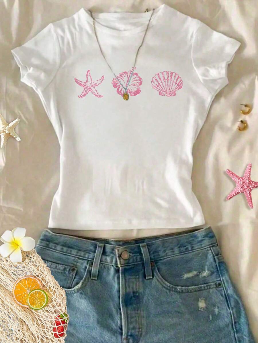 SHEIN Camiseta de manga corta, cuello redondo, ajuste ceñido, con estampado de estrella de mar y concha, estilo minimalista casual, adecuada para adolescentes, verano y estilo relajado