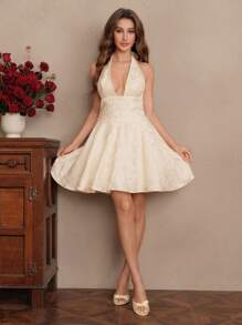 Savoree Elegantes, schickes rückenfreies Damen Mini A-Linien Kleid - Beige - Übersicht 3