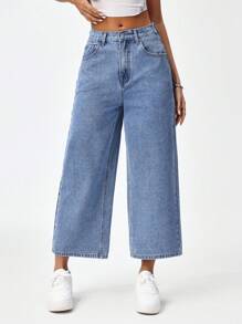 SHEIN ICON 女士休闲水洗阔腿牛仔裤 - 中等水洗藍 - 查看 5