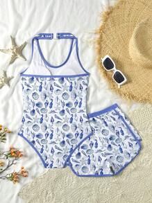 Conjunto de 2 piezas de traje de baño para niña preadolescente con estampado de conchas y caballitos de mar, incluye top halter y pantalón corto de cubrir, para el verano