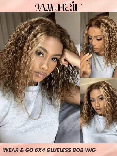 Highlight Bob Human Hair 6*4 Glueless Lace Wigs Short Deep Curly Wigs For Women 4/27  Honey Blonde 150% Density Wigs Human Hair