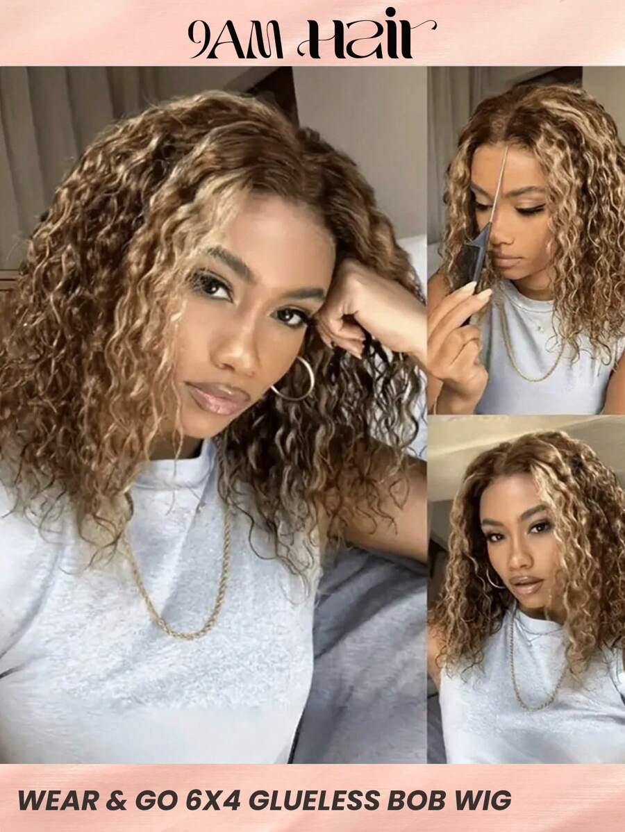 Highlight Bob Human Hair 6*4 Glueless Lace Wigs Short Deep Curly Wigs For Women 4/27  Honey Blonde 150% Density Wigs Human Hair - S4/27 - View 1