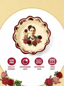 Frida Kahlo X SHEIN 1 pieza Tazón de cerámica con diseño de pétalos, resistente al calor, apto para microondas y lavavajillas, adecuado para cereales, frutas, sopas, etc.
