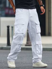Manfinity Homme Quần denim ống đứng thường ngày nhiều túi cho nam - trắng - Xem 1