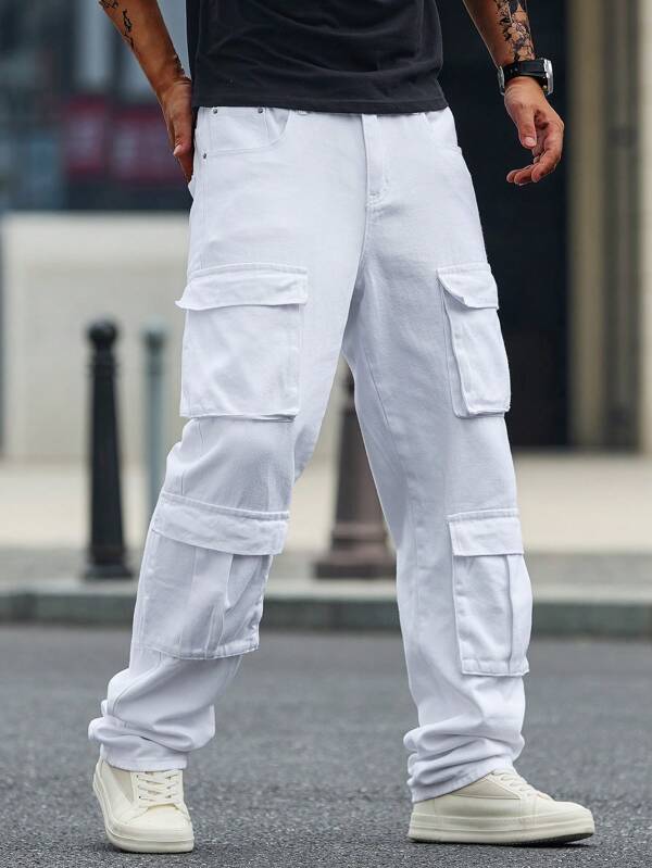 Manfinity Homme Pantalones vaqueros rectos casuales con múltiples bolsillos para hombres