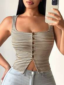 SHEIN SXY Women's Summer Casual Crochet Square Neck Striped Tank Top, Button Down Top, Striped Top, Fitted Top, Summer Tops - Multicolor - View 3