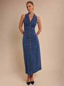 COSMINA 女式优雅日常通勤水钻纽扣弹力牛仔迷你连衣裙，春夏 - 藏蓝色 - 查看 4