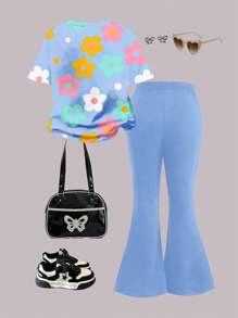 SHEIN 年轻女孩休闲简约卡通图案圆领短袖上衣和喇叭裤两件套，适合夏季