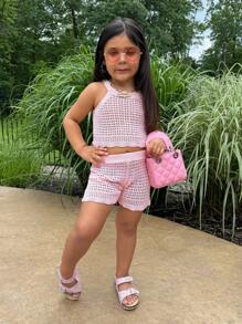 SHEIN Pink Hollow-Out Knit Top And Shorts Set For Young Girl - Pink - View 4