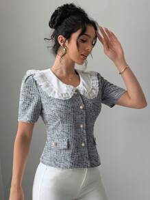 DAZY 女式蕾丝领短袖修身衬衫，夏季 - 黑與白 - 查看 3