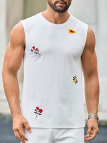 Manfinity VCAY Maiou fără mâneci pentru bărbați, casual, cu broderie florală, potrivit pentru purtare zilnică - alb - Vizualizare 2