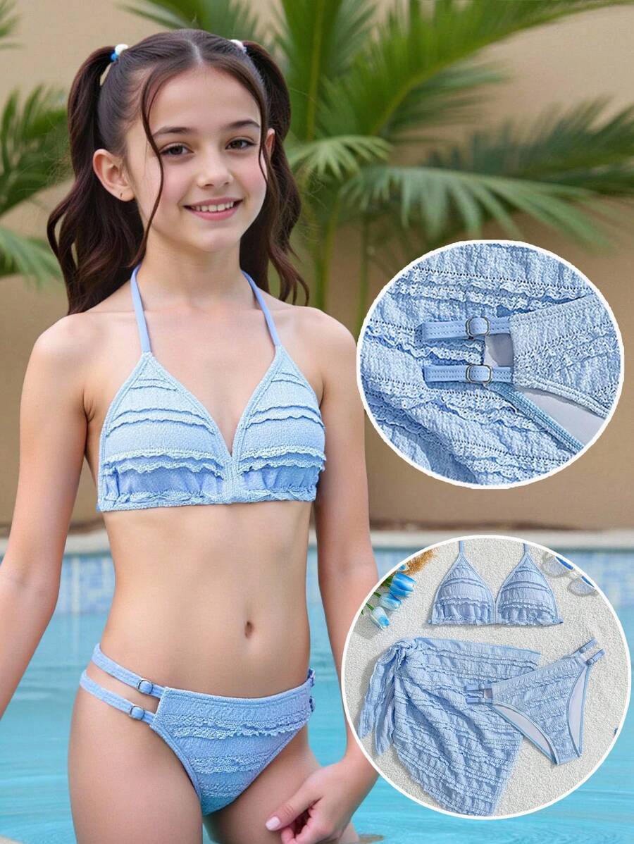 Tween Girls 2pcs Bikini Set, Blue Jacquard Triangle Top Adjustable Strap + Jacquard Triangle Bottom, Cute Swimwear - Multicolor - View 1