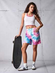 SHEIN Sports Pantalones cortos deportivos con estampado de teñido anudado y cintura con cordón para mujer