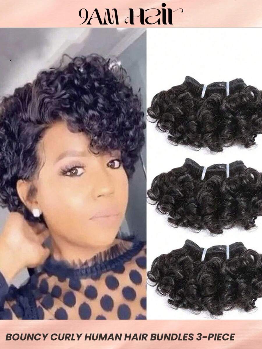 Bouncy Curly Human Hair Bundles Double Draw  6inch Short Cut Remy Human Hair Extensions Natural Black Brown Color