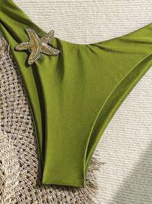 Swim Chiccia Springbreak Solid Color Shiny Material Bandeau Top With Metal Starfish Decor And V-Shape Bottoms 2 Pieces Green Bikini Set For Summer Beach Vacation - Green - View 3