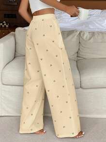 DAZY 可爱蝴蝶结印花宽松睡裤，秋季 - 杏色 - 查看 2