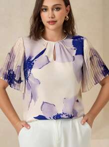 Chikora Áo cánh tay bồng thêu hoa thanh lịch cỡ lớn dành cho nữ, trang phục công sở mùa hè cỡ lớn dành cho nữ - Nhiều màu - Xem 1