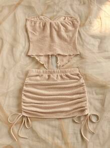 Soleia Bộ 2 món/bộ áo liền quần xoắn đơn giản cho nữ và chân váy mini xếp ly - Màu Khaki - Xem 2