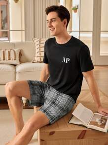 Men's Plaid Elastic Waist Lounge Shorts Sleep Shorts  Pajamas Set