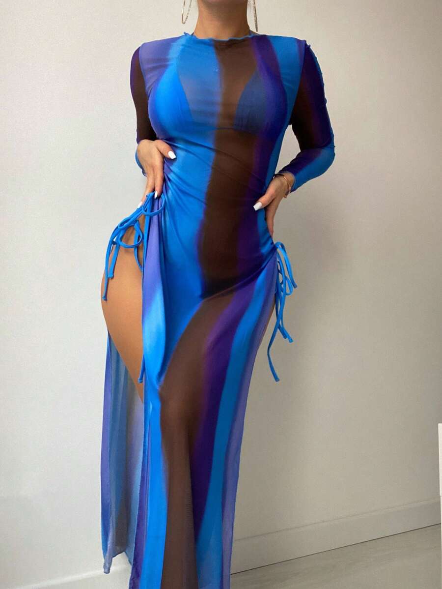 SHEIN Swim 夏季沙灘3件套背心三角領綁帶連身泳裝和遮陽服 - 藍色 - 查看 1