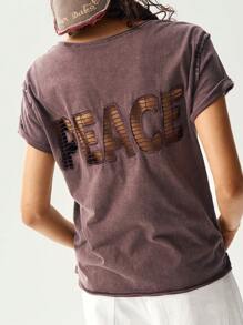 Bohemela Solid Color Knit Short Sleeve Round Neck Washed Women T-Shirt - Coffee Brown - View 5