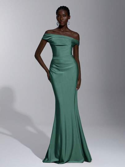 Elitara Elegant & Glamorous Off Shoulder Ruched Bodycon Mermaid Dress, Suitable For Weddings, Singles Parties, Honeymoons, Prom, Bridesmaid, Adults