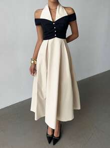 Siren Gaze Women's Contrast Color Splice Halter Neck A-Line Dress Midi Dress Off The Shoulder Dress Halter Dress Casual Dress French Dress Office Outfits For Women Teacher Outfits For Women