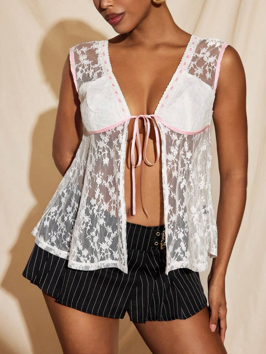 BRDY Elegant Lace Ribbon Tie Short Sleeve Top Women Summer Sexy Transparent Lace Top - White - View 1