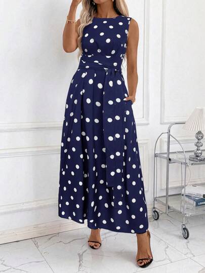 SHEIN Clasi Women's Floral Print Round Neck Bowknot Waist Pocket Loose Casual Polka Dot Maxi Dress, Summer Clothing