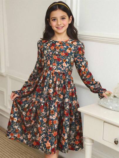 SHEIN Tween Girl Dusty Floral Print Flounce Sleeve Ruffle Hem Dress