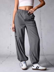 SHEIN Sports 女士休闲纯色抽绳腰运动裤 - 灰色 - 查看 1