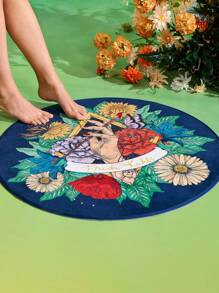 Frida Kahlo X SHEIN 1 pieza Alfombra redonda con estampado floral, con respaldo antideslizante, cómoda y fácil de limpiar, decoración para el dormitorio y la sala de estar, 60/80/100/120cm