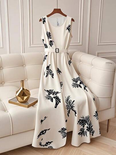 Franclia Elegant Plant Print Sleeveless Dress For Summer