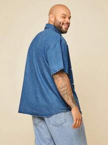EASEVO Plus Size Men Casual Denim Shirt With Pearl Decor, Suitable For Summer