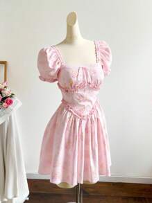 SHEIN VCAY Vestido de verano elegante de manga corta con cuello cuadrado, volantes y estampado floral