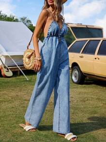 Breezaya Women's Summer Crossed Back Wide Leg Denim Jumpsuit - Medium Wash - View 4