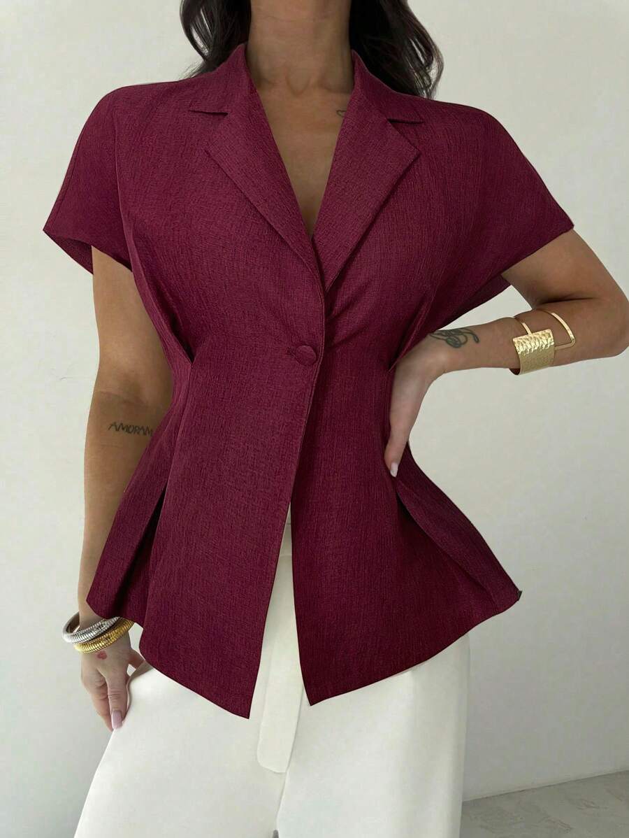 Firerie 女士时尚亚麻束腰短袖西装外套，休闲通勤，杏色，秋冬夏季