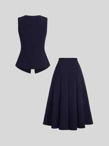 Sweetra 女士春夏时尚金色纽扣无袖长背心和休闲裙两件套西装、职业装 - 藏蓝色 - 查看 2