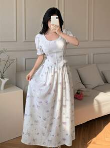 Modelyn Spring/Summer Puff Sleeve Round Neck Lace Trim Slim Fit Flare Hem Dress - Multicolor - View 6