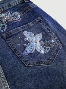 ROMWE Fairycore Women's Butterfly Beaded Embroidered Flare Leg Jeans - Blue - View 4