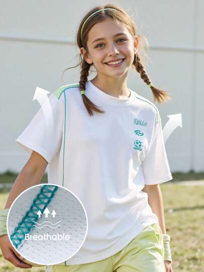 JNSQ Camiseta de manga corta para deportes al aire libre para volver al colegio, camiseta deportiva para niños con cuello redondo, de cuatro agujas y seis hilos, con estampado de letras divertidas en contraste de color en la parte delantera