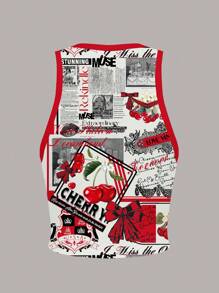 Slaydiva 加大码樱桃卡通印花休闲背心，适合夏季 - 彩色 - 查看 2