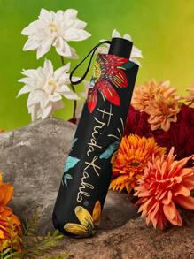 Frida Kahlo X SHEIN 1 pieza Paraguas con estampado floral de artista, con recubrimiento adhesivo negro antisolarde talla grande de 50 de protección UV, apto para la escuela, el trabajo, salir y uso diario, diseñado para estudiantes universitarios, estudiantes de secundaria y mujeres, floral, artístico, elegante