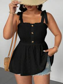 Rometta 大码女式纯色拼布提花毛绒面料吊带衬衫 - 黑色 - 查看 6