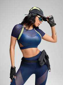 Innovista Innovista Women's Navy Summer Athleisure Gym Crop Top,Contrast Stitching Color Block Backless Sports Shirts,Breathable Mesh Shiny Foil Workout Athletic Clothes - Multicolor - View 10