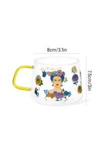 Frida Kahlo X SHEIN 1 pieza Taza de vidrio con gráfico floral y de figura, resistente al calor, apta para lavavajillas, adecuada para té, café, jugo y otras bebidas